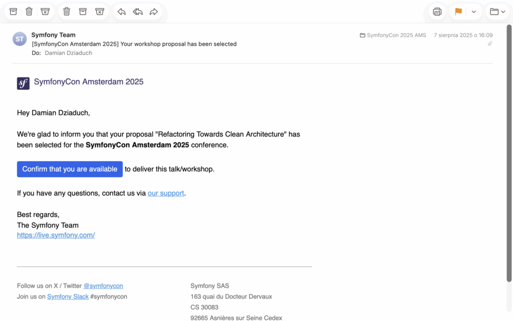 Email confirming that my workshop has been selected