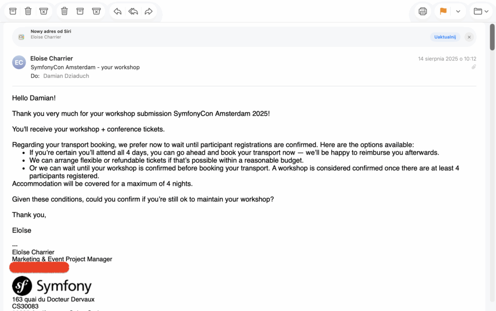 Email confirming that my trip is approved